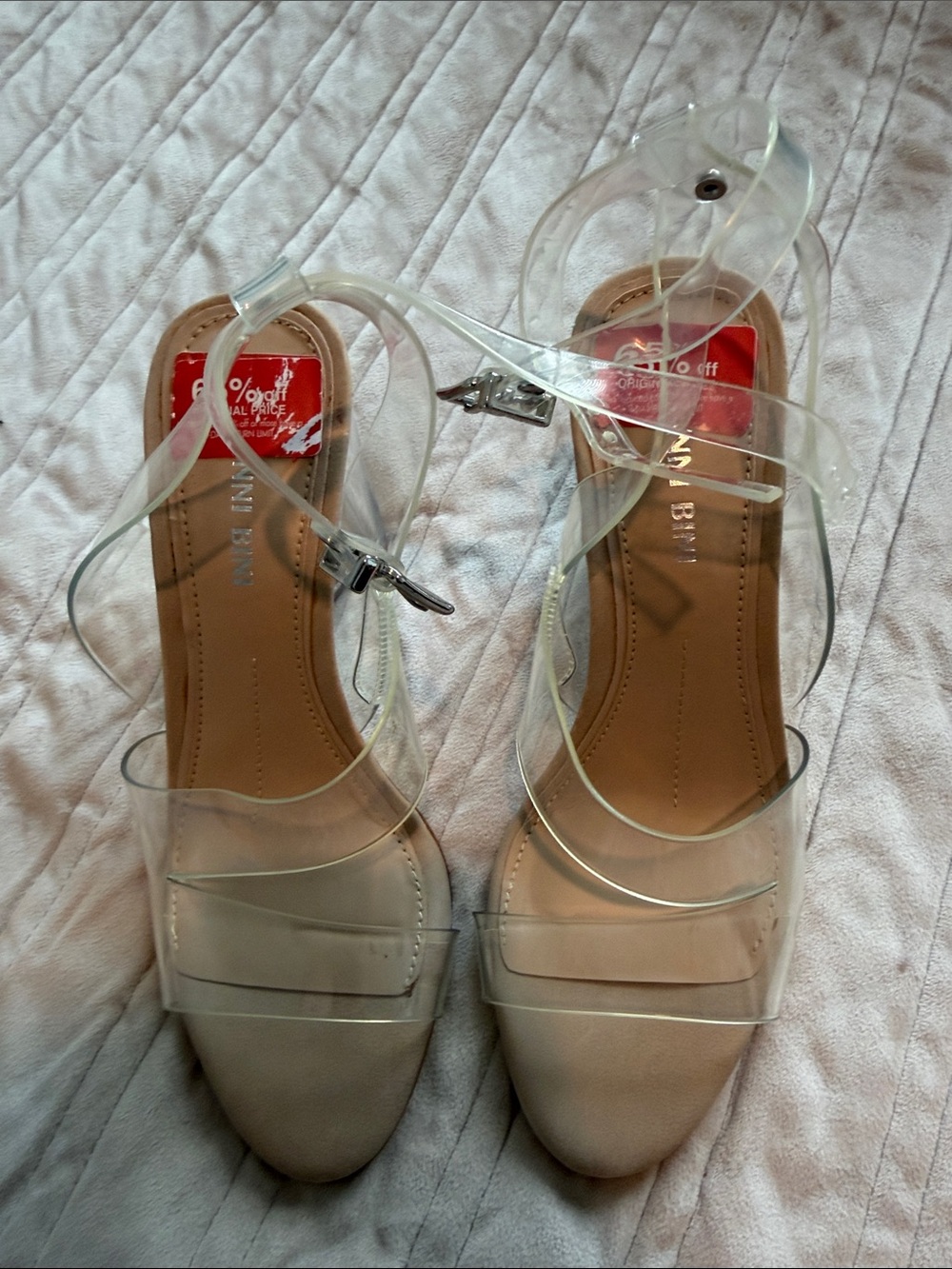 Gianni Bini Clear Strap Heels with Nude Footbed